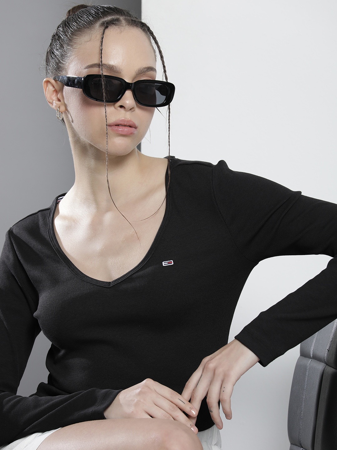 

Tommy Hilfiger Women Black Ribbed V-Neck Slim Fit T-shirt