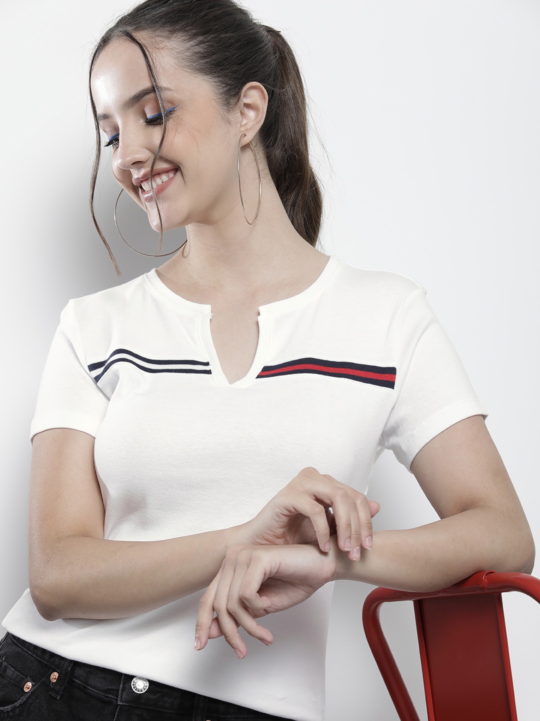 

Tommy Hilfiger Women White Striped V-Neck Pure Cotton Casual T-shirt
