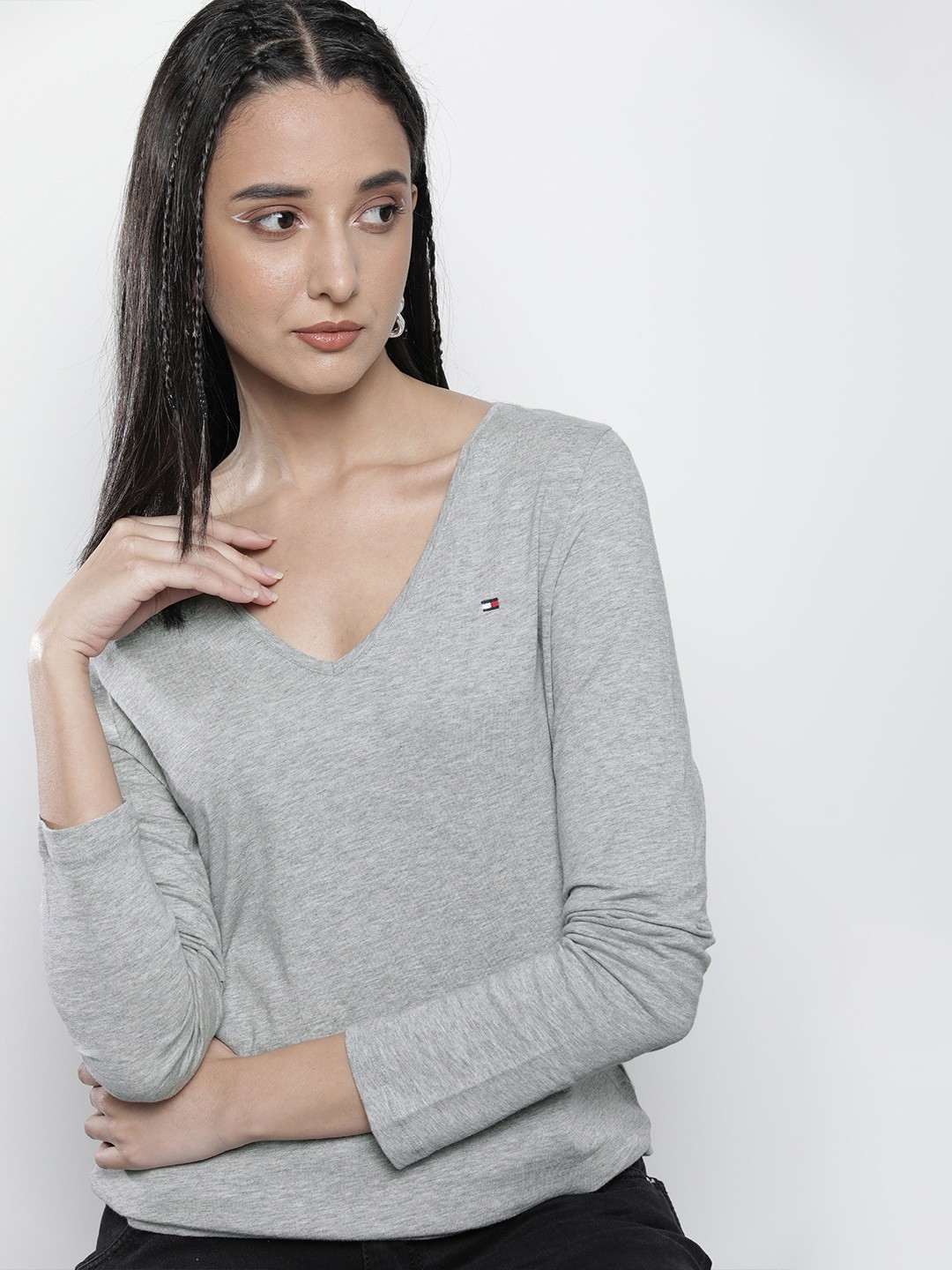 

Tommy Hilfiger Women Grey Solid V-Neck Pure Cotton T-shirt
