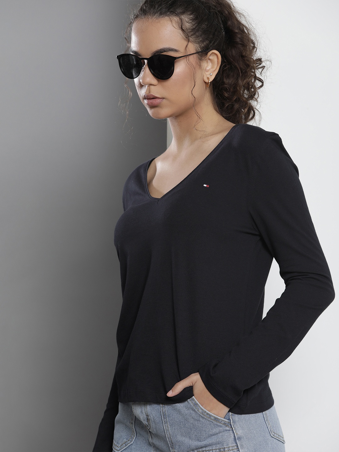 

Tommy Hilfiger Women Navy Blue V-Neck Pure Cotton T-shirt