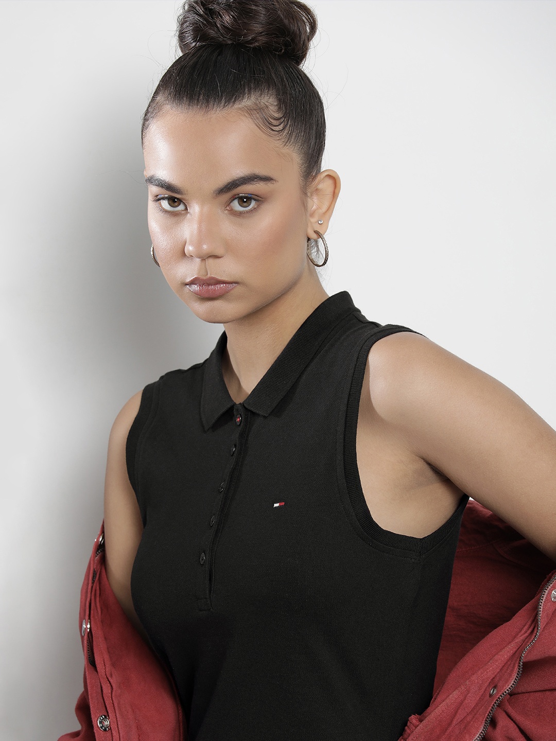 

Tommy Hilfiger Women Black Polo Collar Slim Fit T-shirt