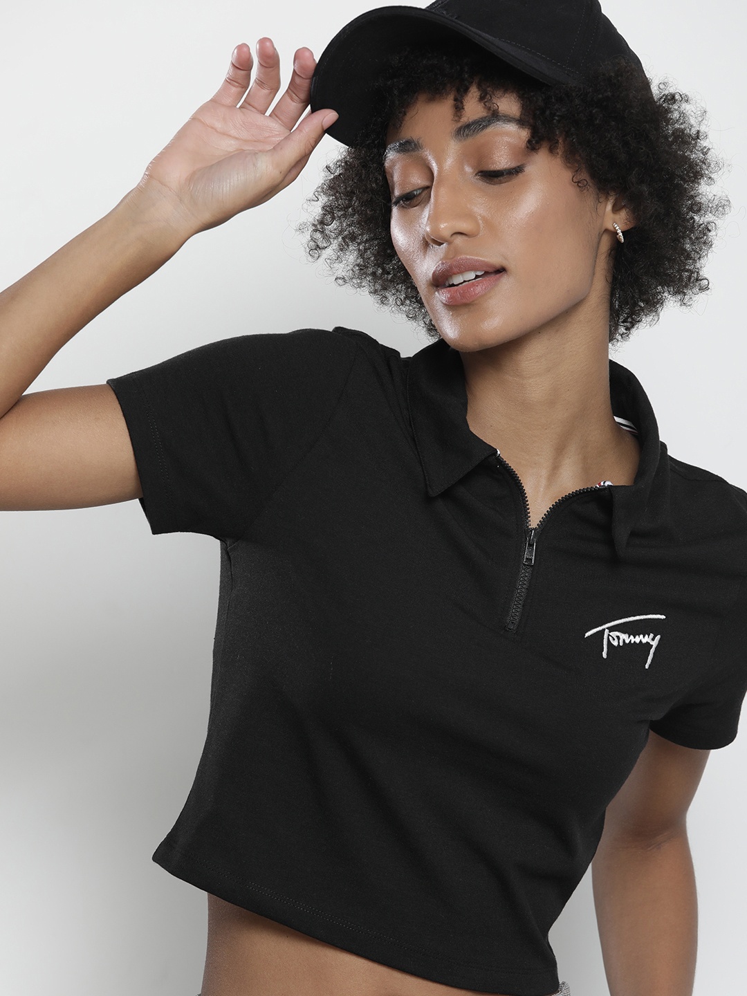 

Tommy Hilfiger Women Black Embroidered Polo Collar Casual Crop T-shirt