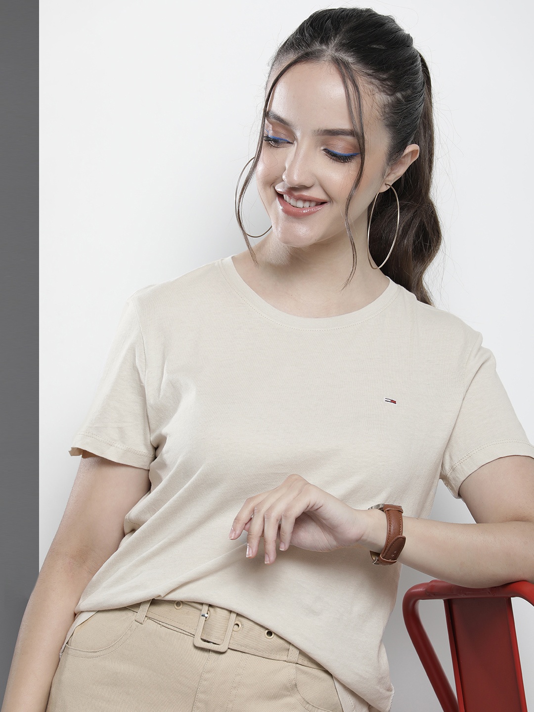 

Tommy Hilfiger Women Beige Pure Cotton T-shirt