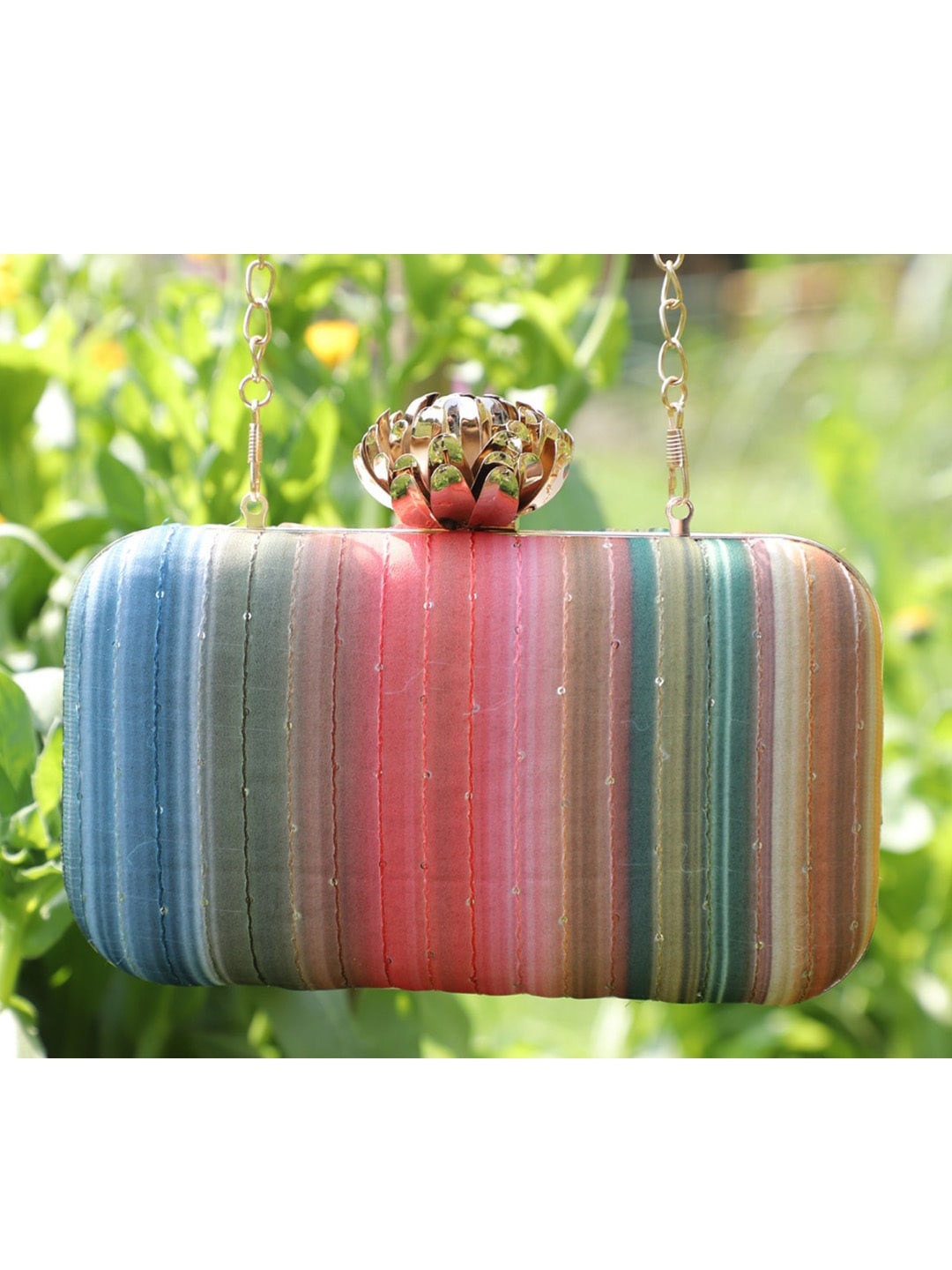 

Swisni Pink & Blue Striped Embroidered Box Clutch