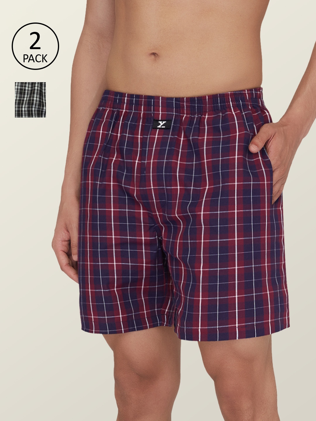 

XYXX Men Pack Of 2 Black & Maroon Checked Pure Cotton Boxers