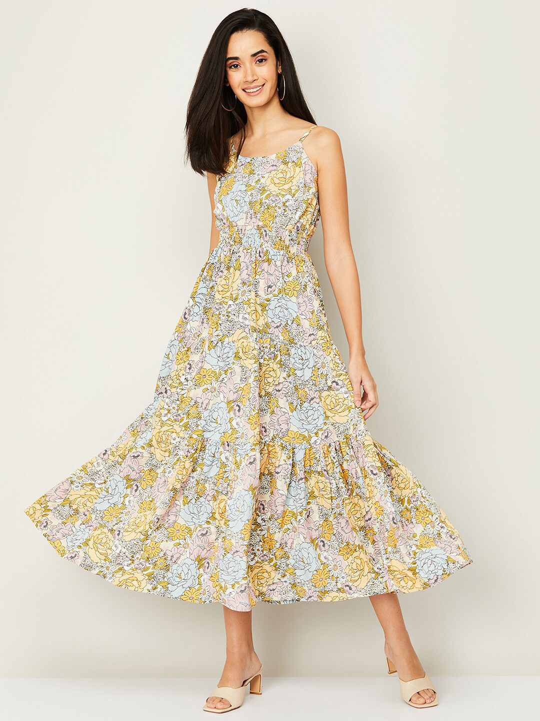 

Fame Forever by Lifestyle Cream-Coloured & Brown Smocked Tiered Floral Midi Dress