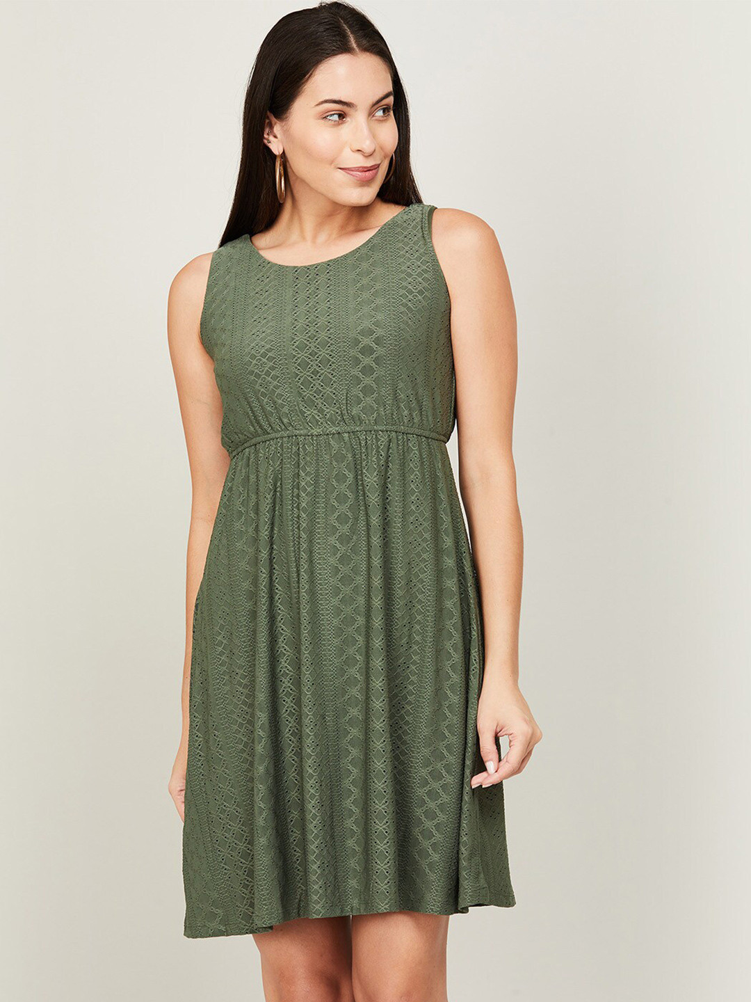 

Fame Forever by Lifestyle Olive Green Self Design Schffli Fit & Flare Dress