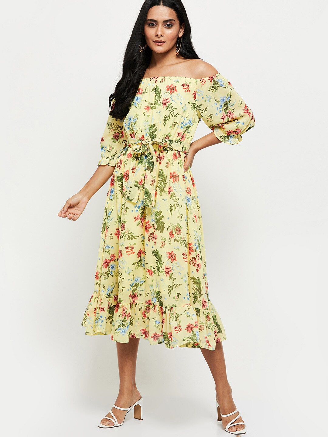 

max Yellow & garden glade Floral Off-Shoulder Midi Dress