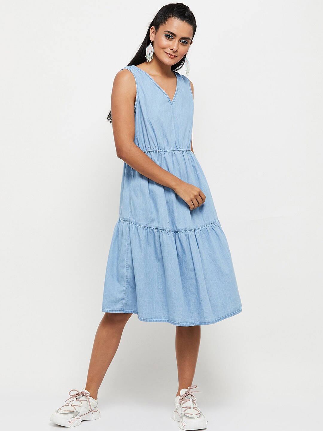 

max Blue Solid Cotton A-Line Dress