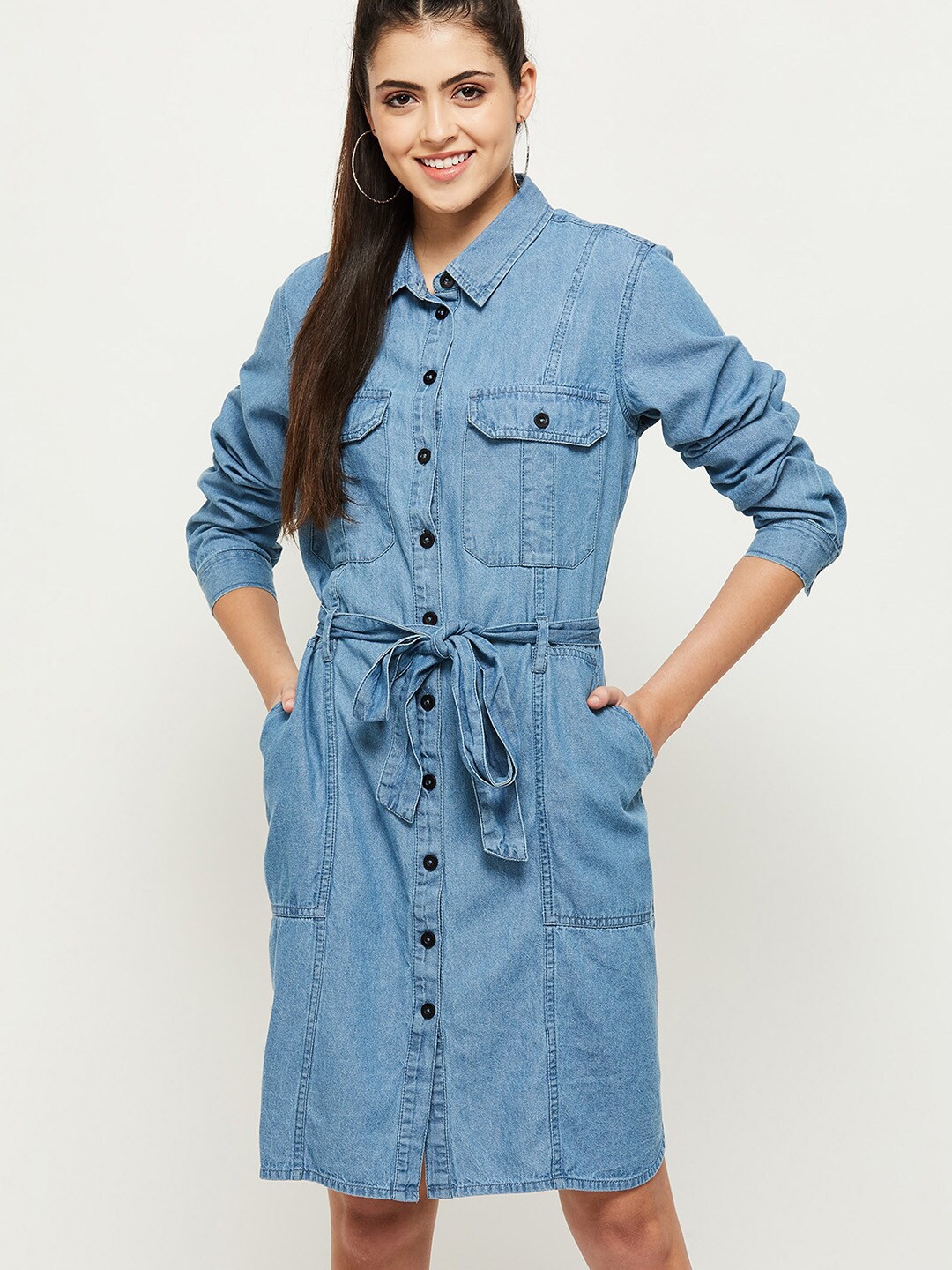 

max Blue Belted Cotton Shirt Dress