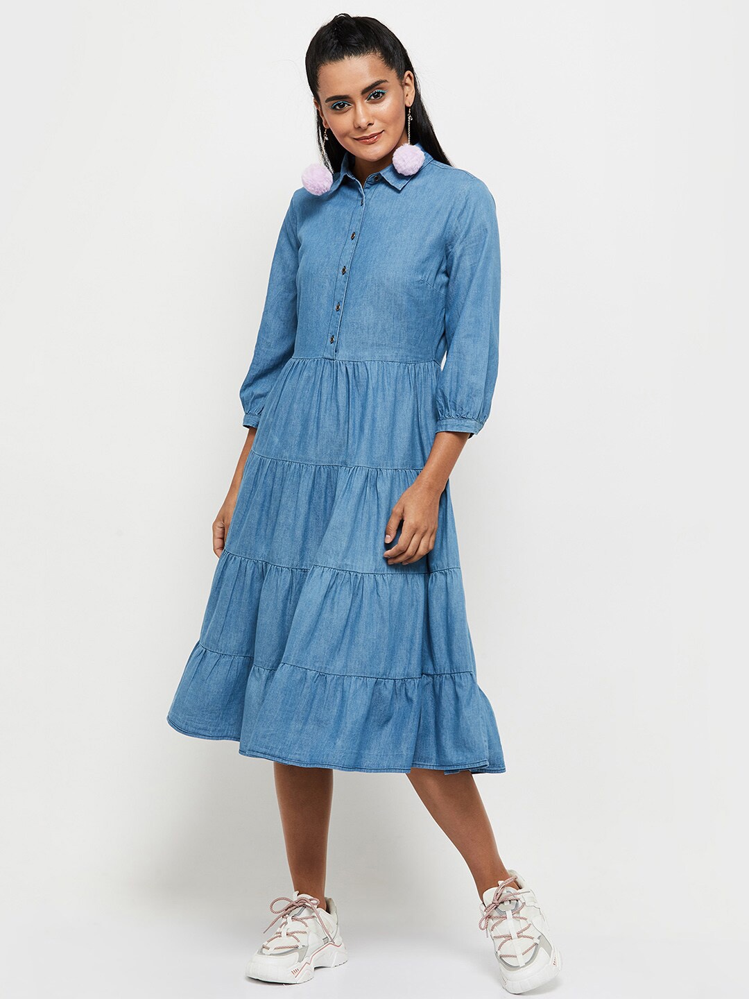 

max Blue Solid Pure Cotton Denim Tiered Midi Dress