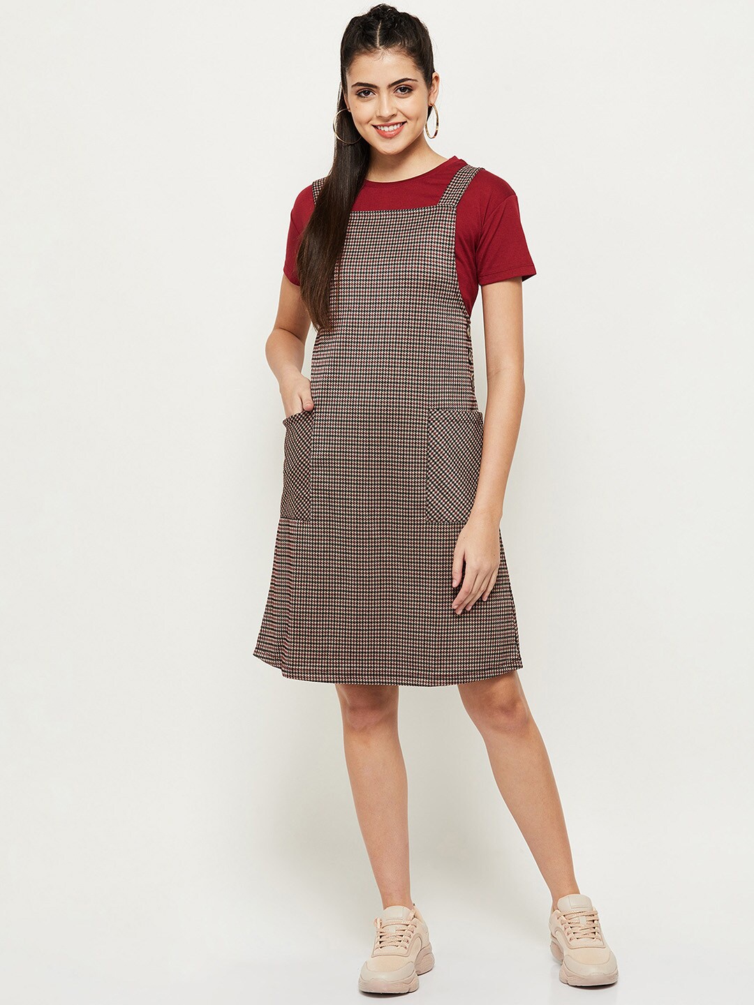 

max Maroon & Cola Checked Pinafore Dress