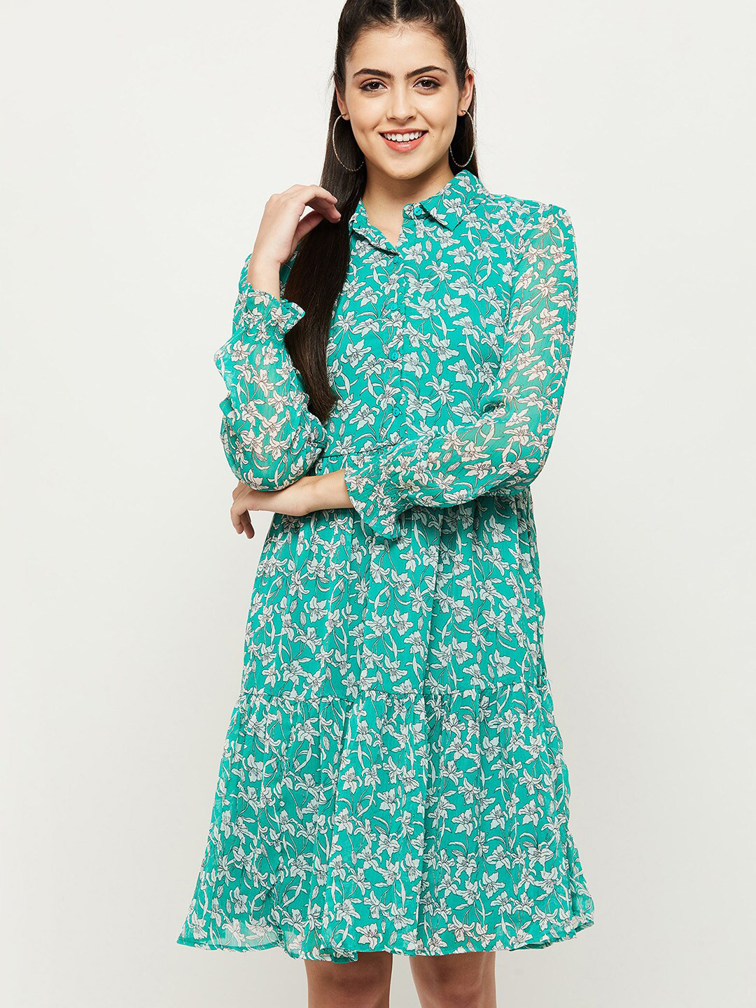 

max Green Floral Shirt collar Flared Hem Dress
