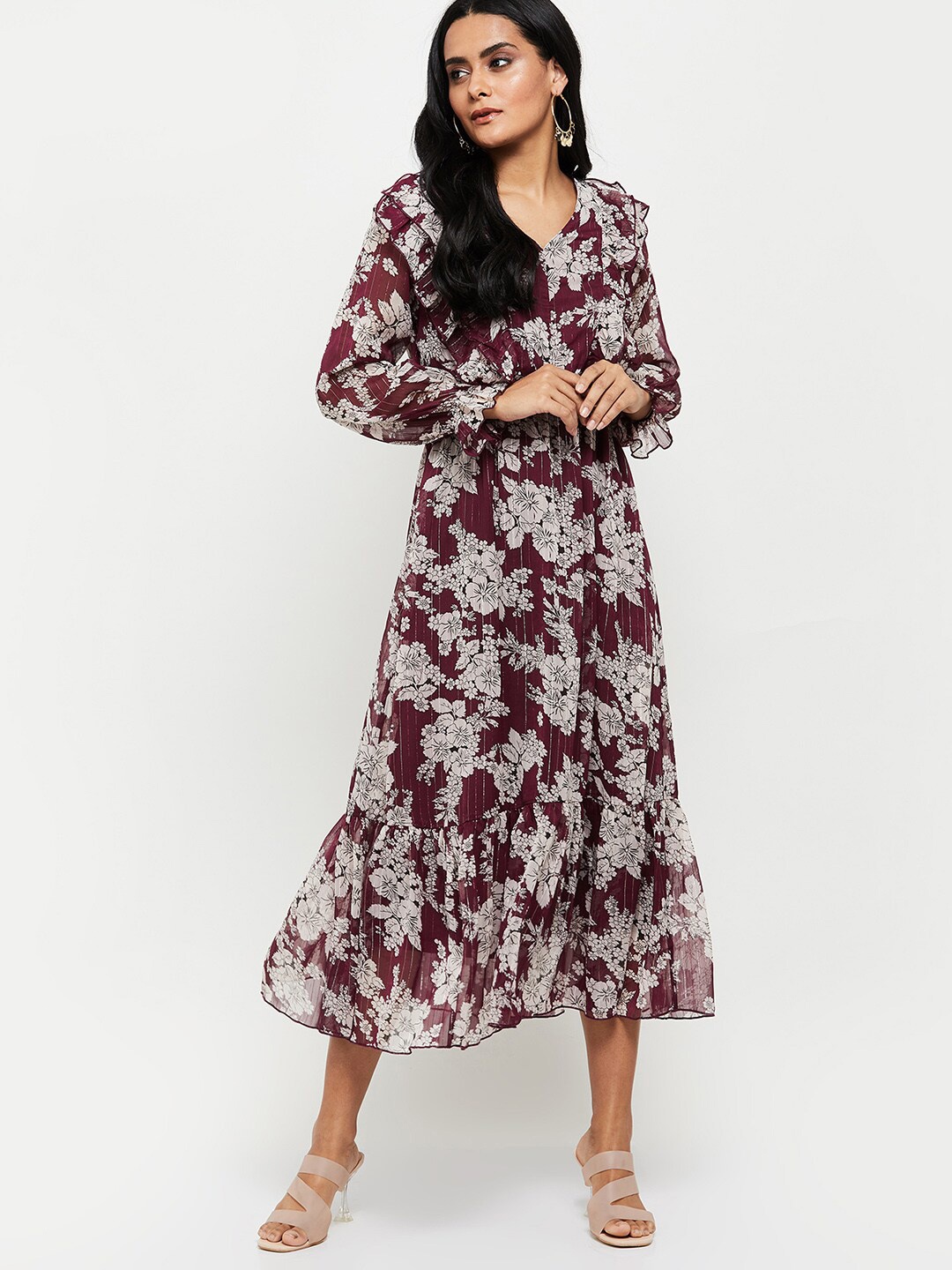 

max Red & Off White Floral Empire Midi Dress