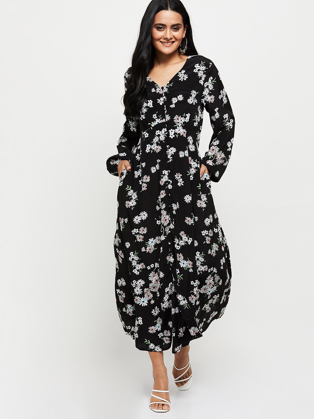 

max Women Black Floral Printed V-Neck Midi Dress