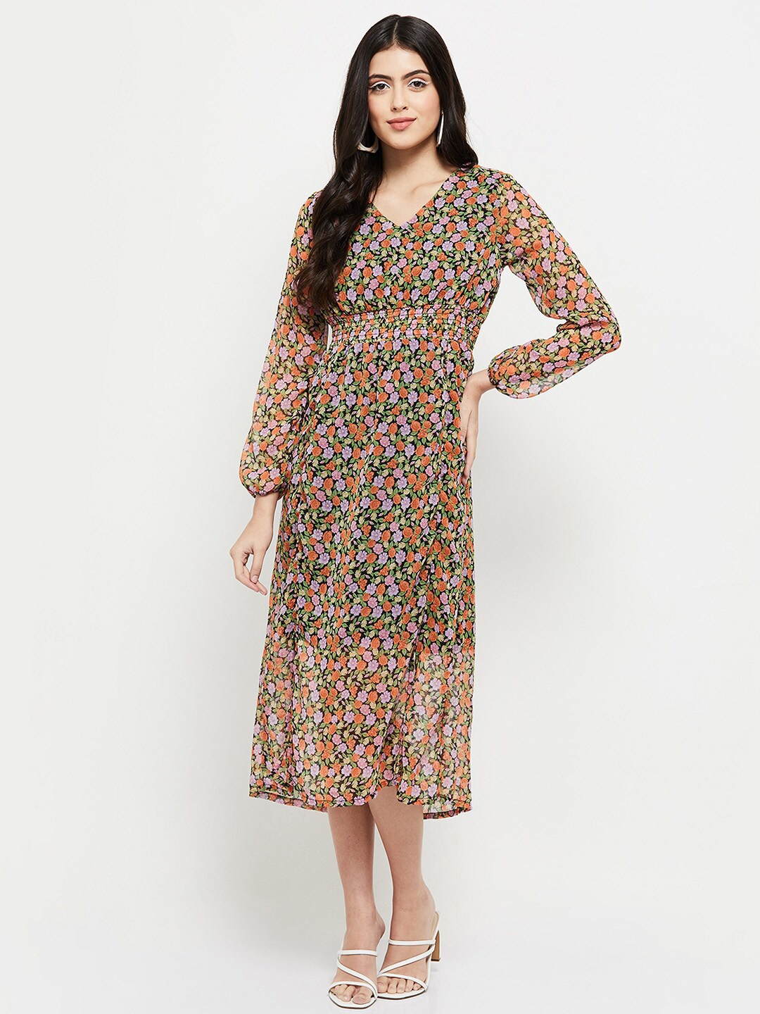 

max Peach-Coloured & Lavender Floral Empire Dress