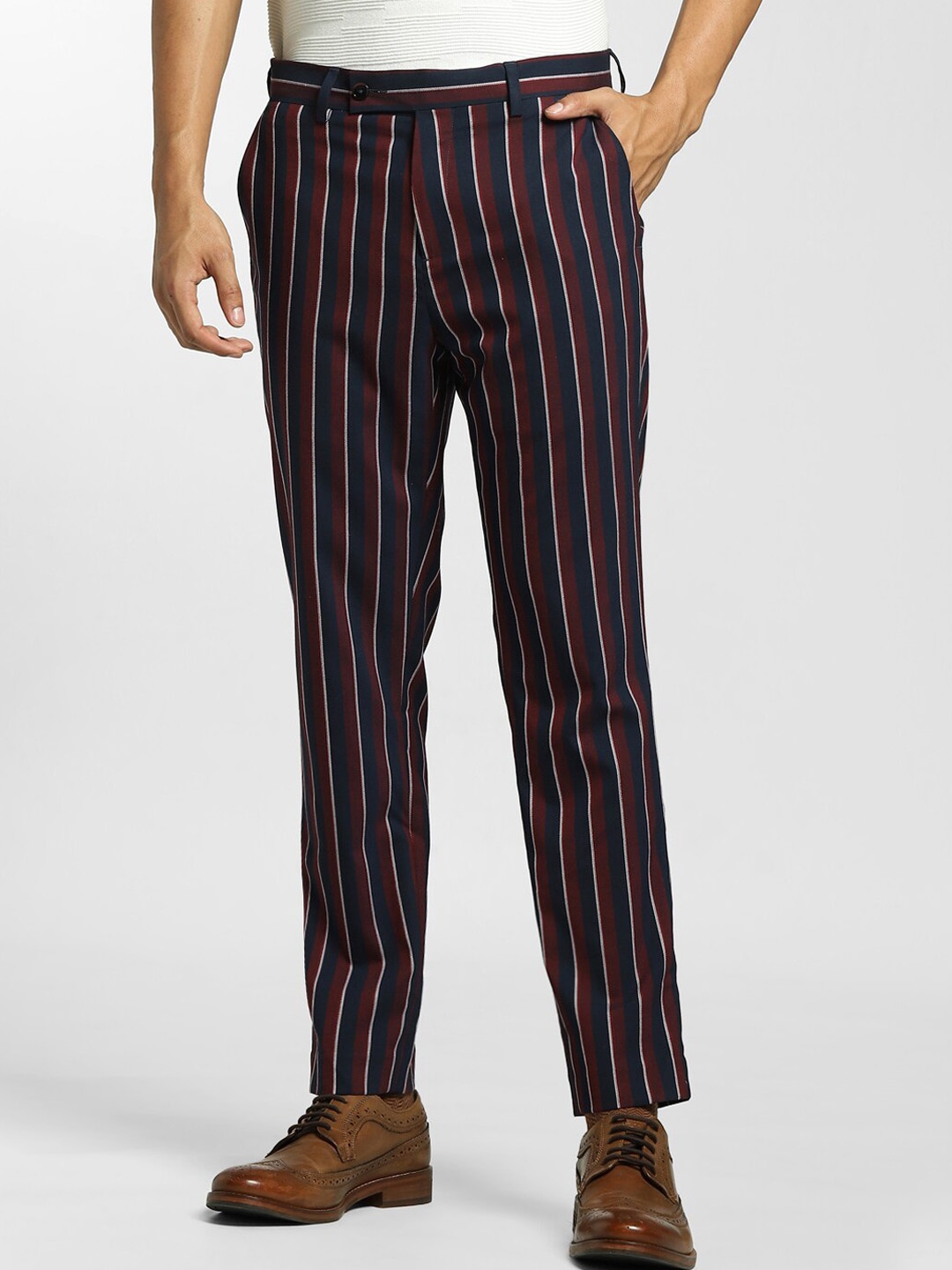 

Jack & Jones Men Maroon Striped Low-Rise Trousers
