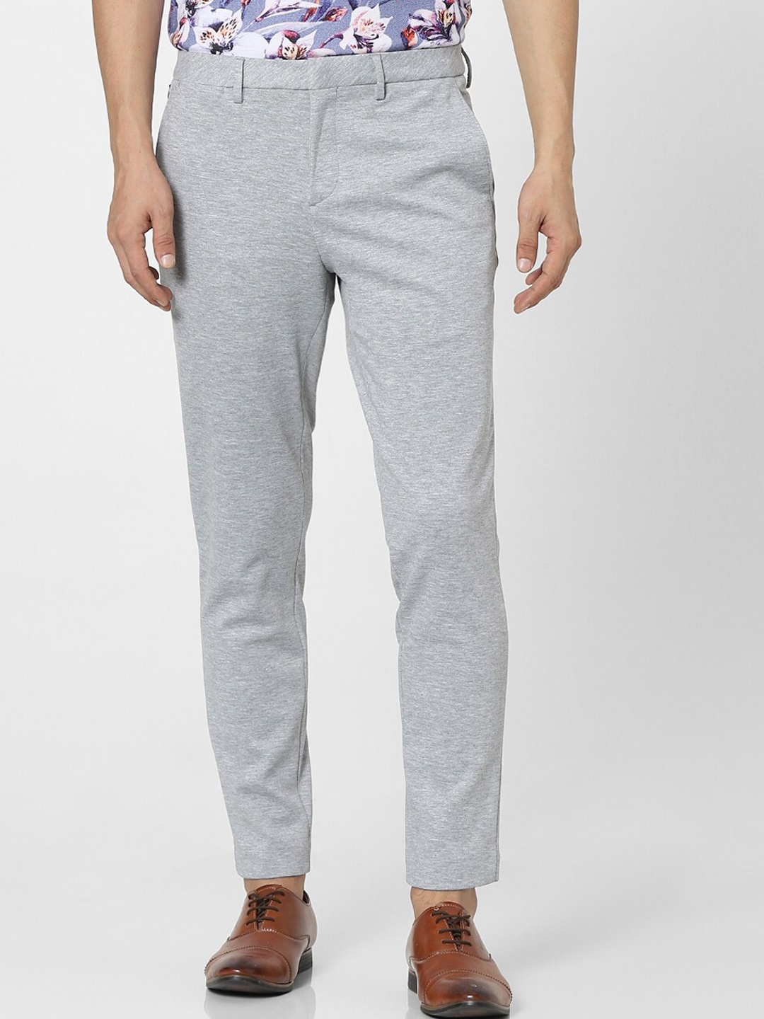 

Jack & Jones Men Grey Textured Cotton Low-Rise Trousers