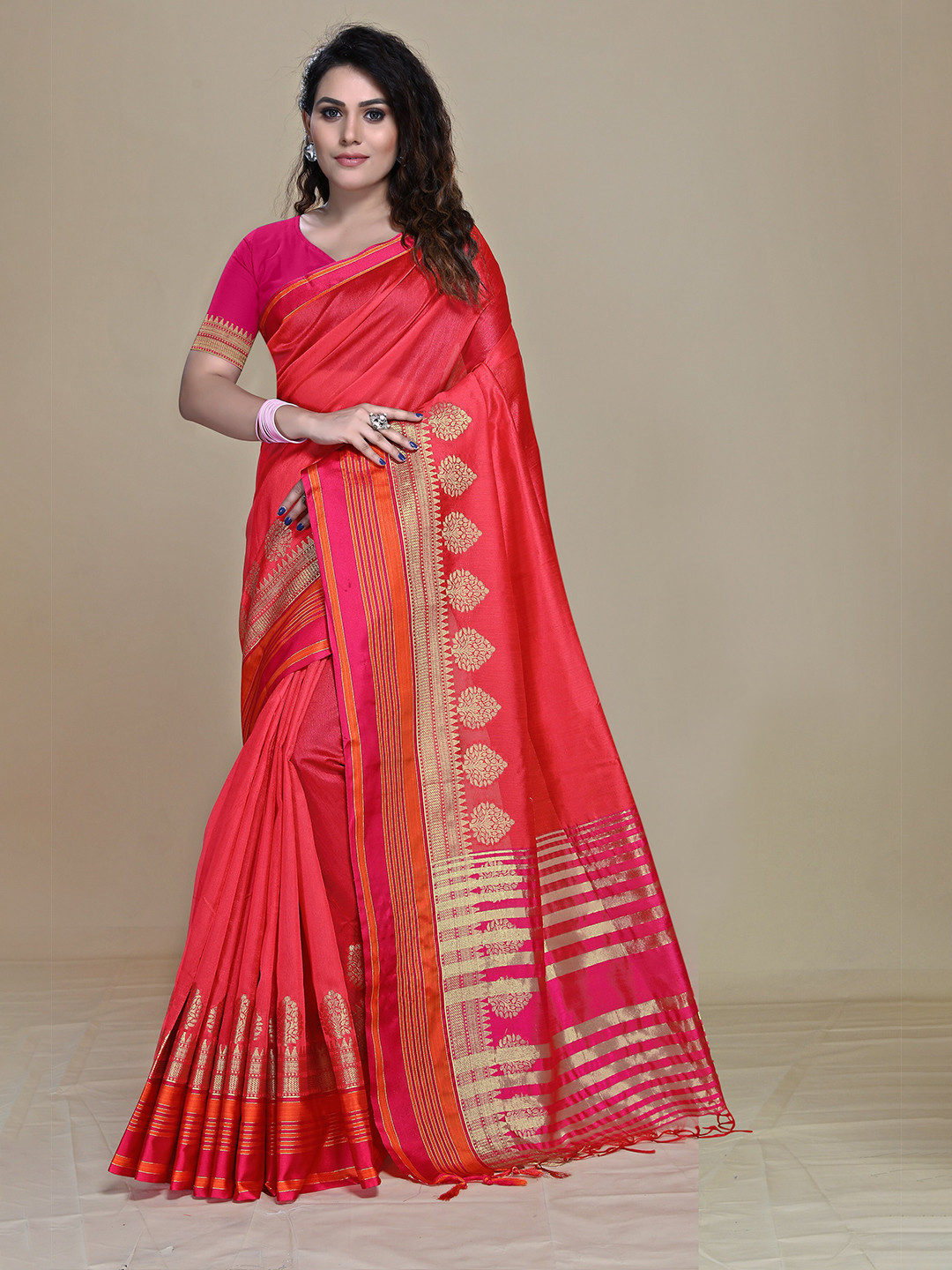 

MS RETAIL Pink & Gold-Toned Woven Design Art Silk Dharmavaram Saree