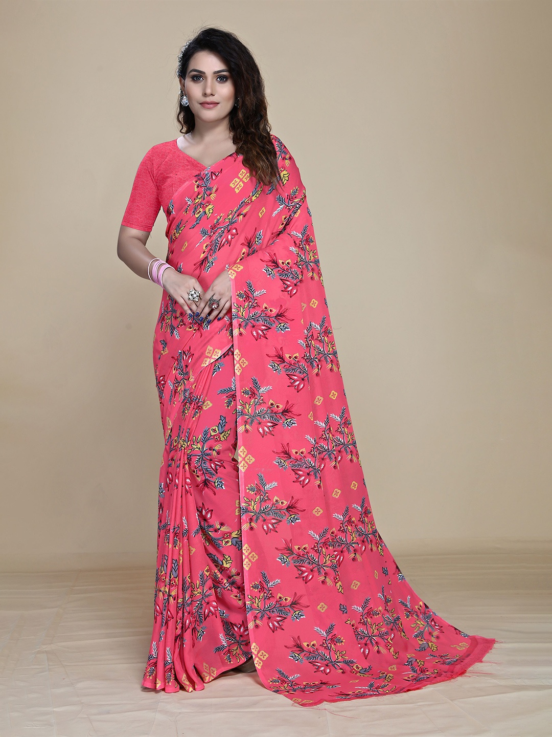 

MS RETAIL Pink & Blue Floral Pure Georgette Block Print Saree