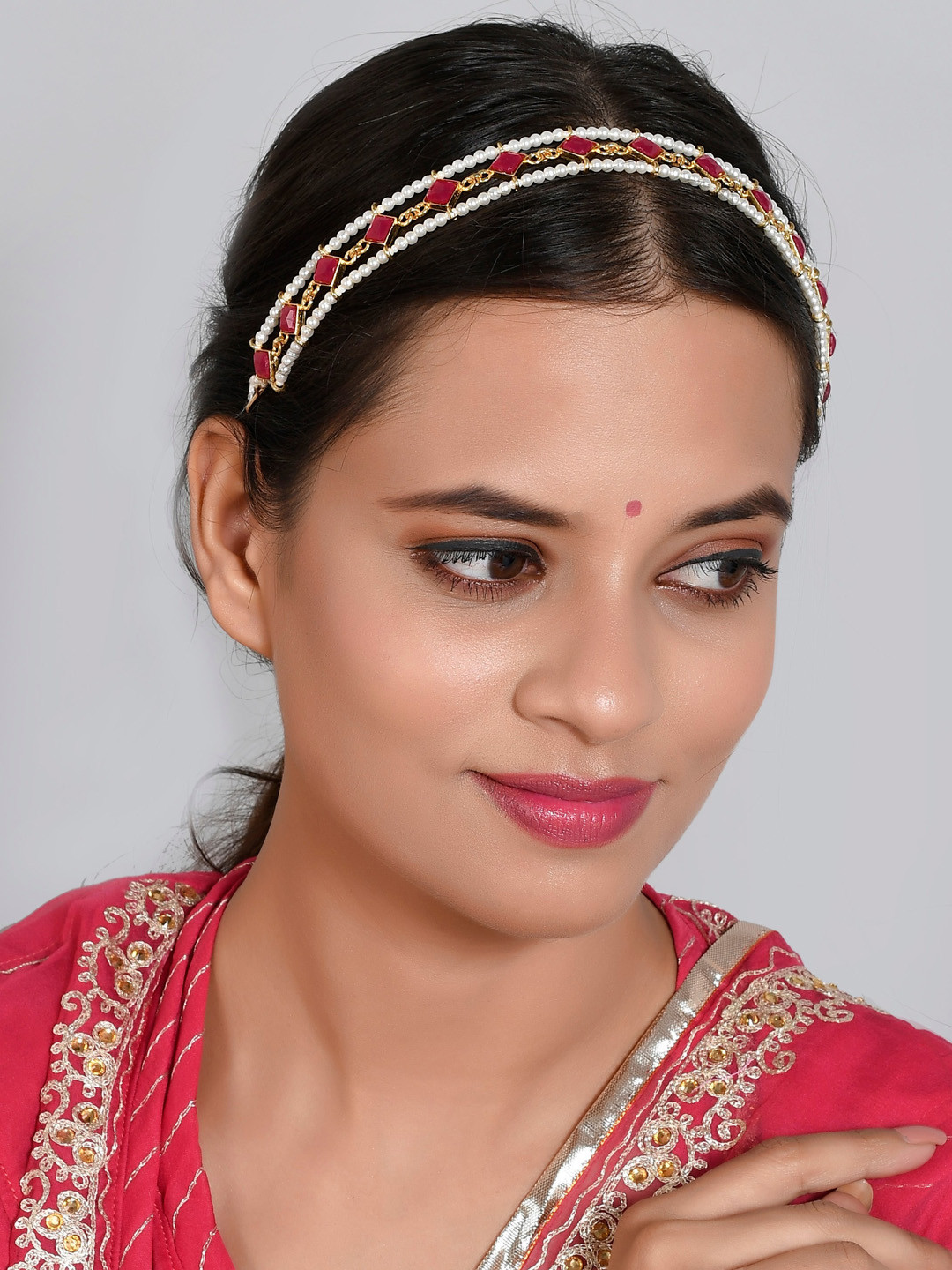 

Silvermerc Designs Gold-Plated & Red Pearl Stone Studdded Head Chain Mehri