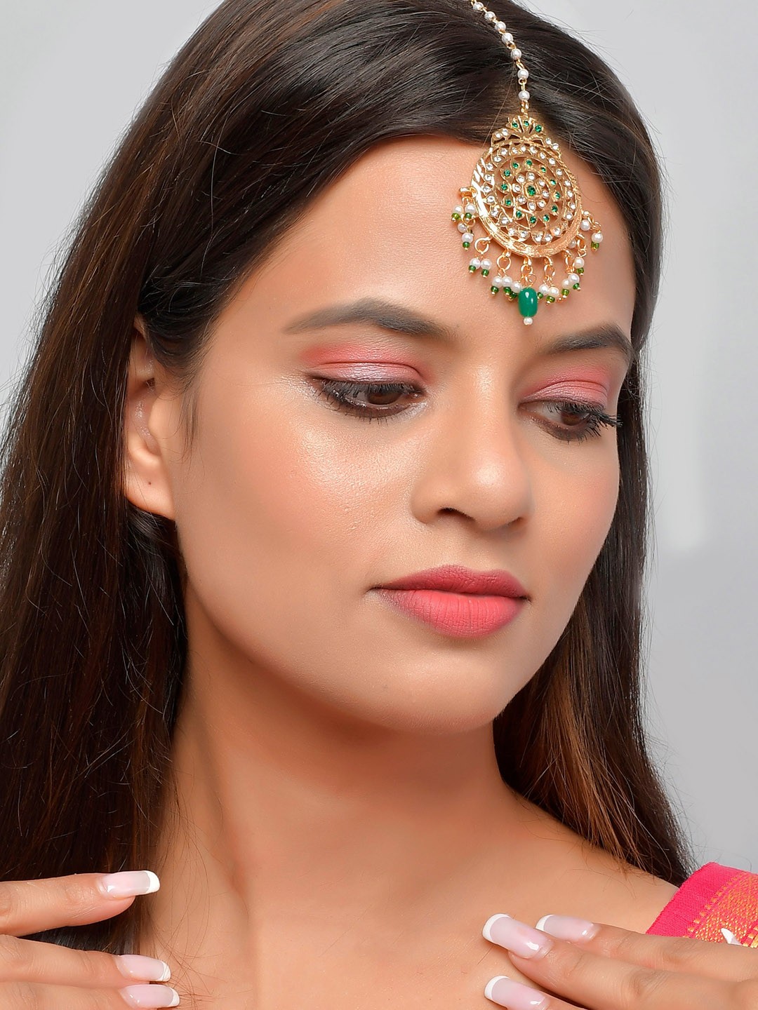 

Silvermerc Designs Gold-Plated & Green Kundan Studded Maangtika