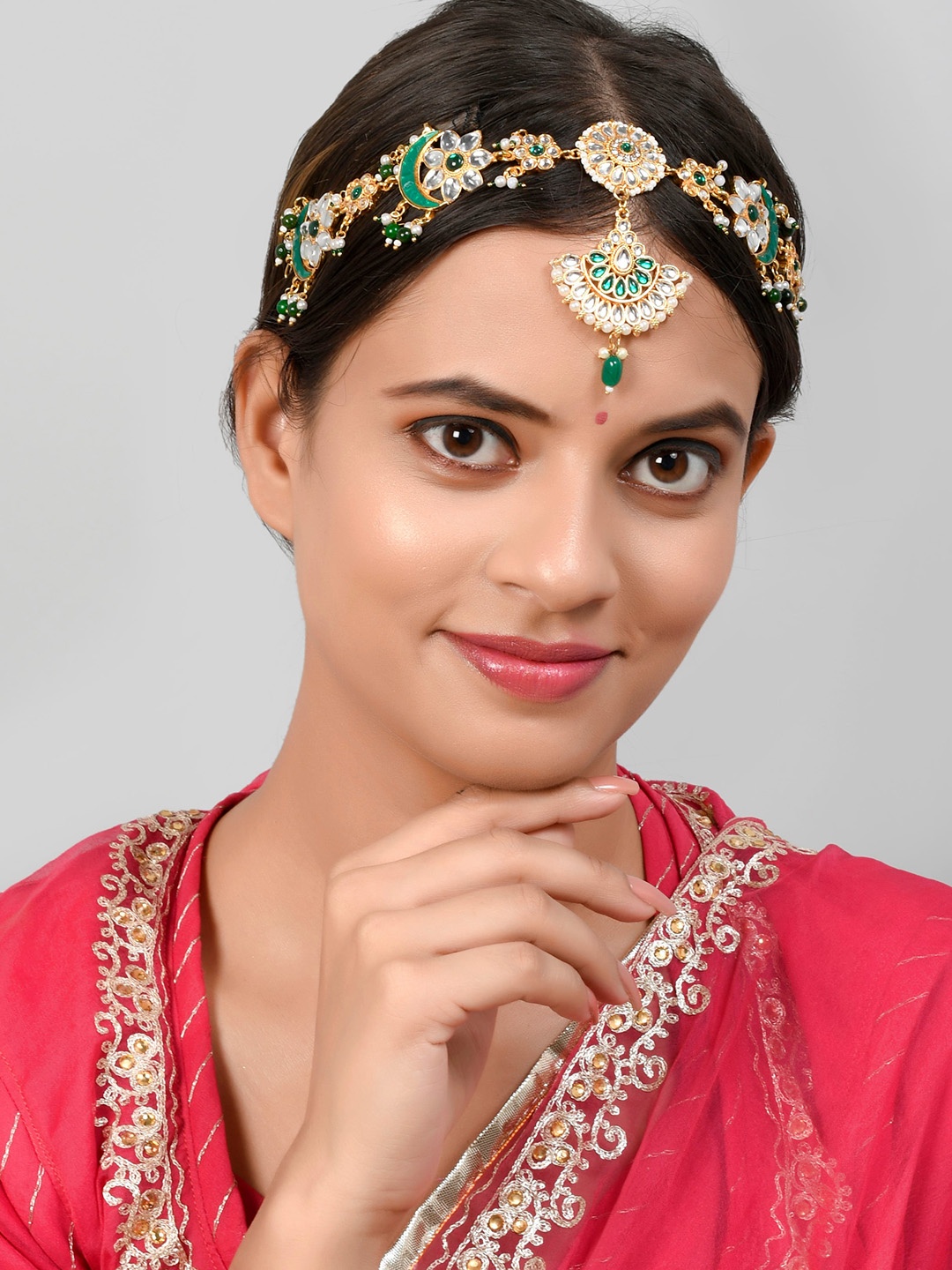 

Silvermerc Designs Gold-Plated White & Green Kundan-Studded & Beaded Maatha Patti