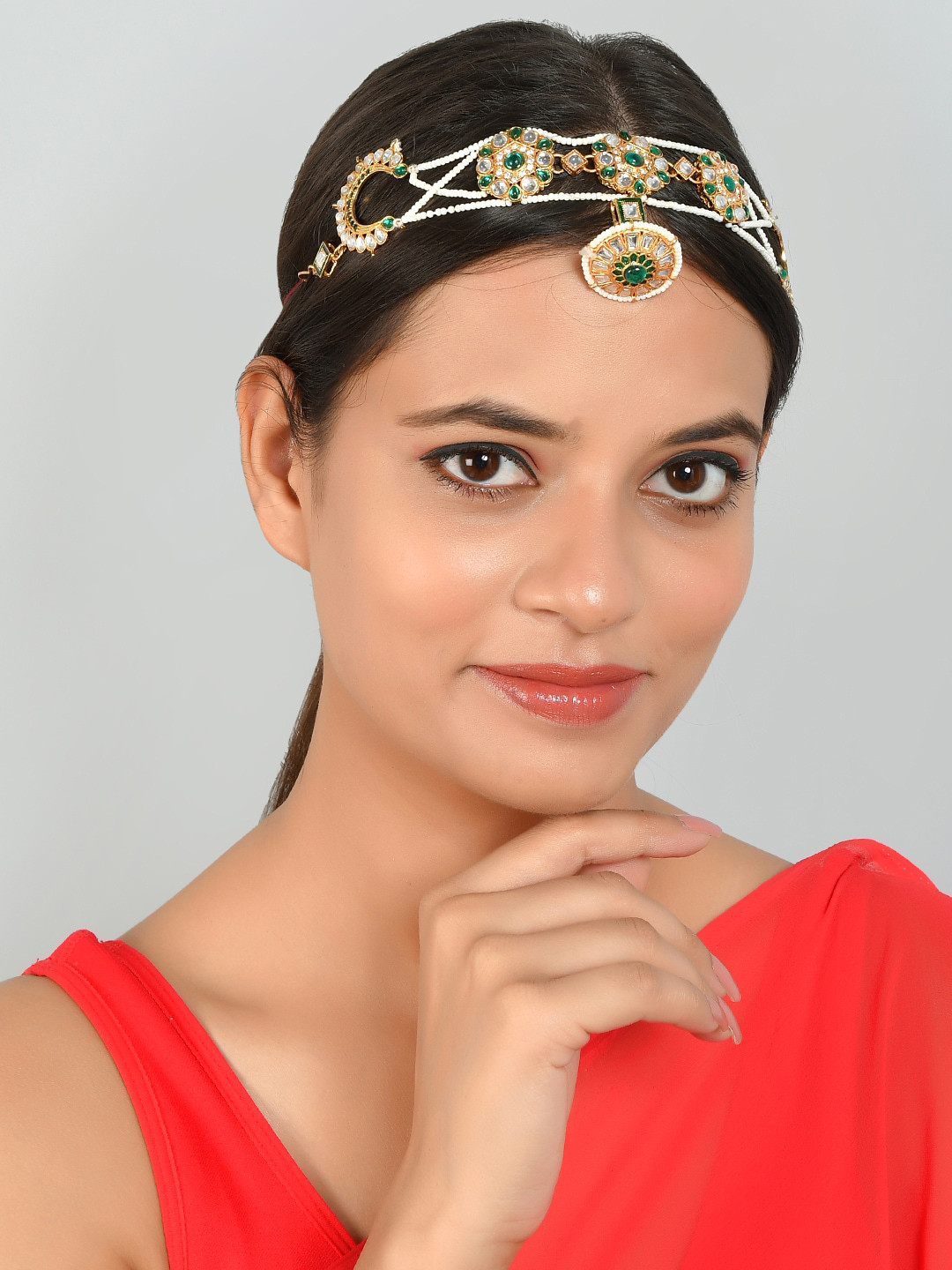 

Silvermerc Designs Gold-Plated & Green Kundan Studded Chandsuraj Mehri Sheeshful Borla