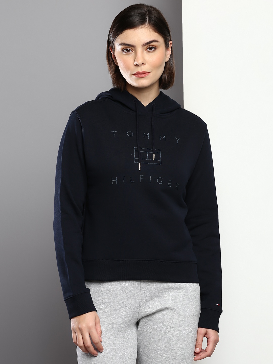 

Tommy Hilfiger Women Typography Printed Hooded Sweatshirt, Navy blue