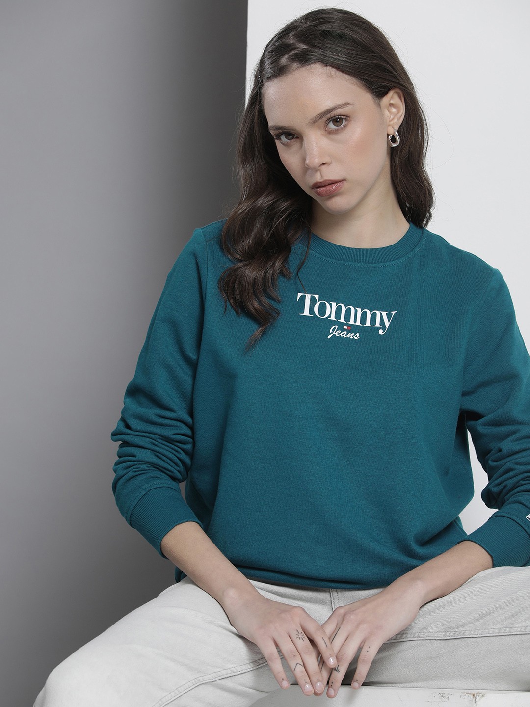 

Tommy Hilfiger Women Teal Blue Brand Logo Print Knitted Sweatshirt