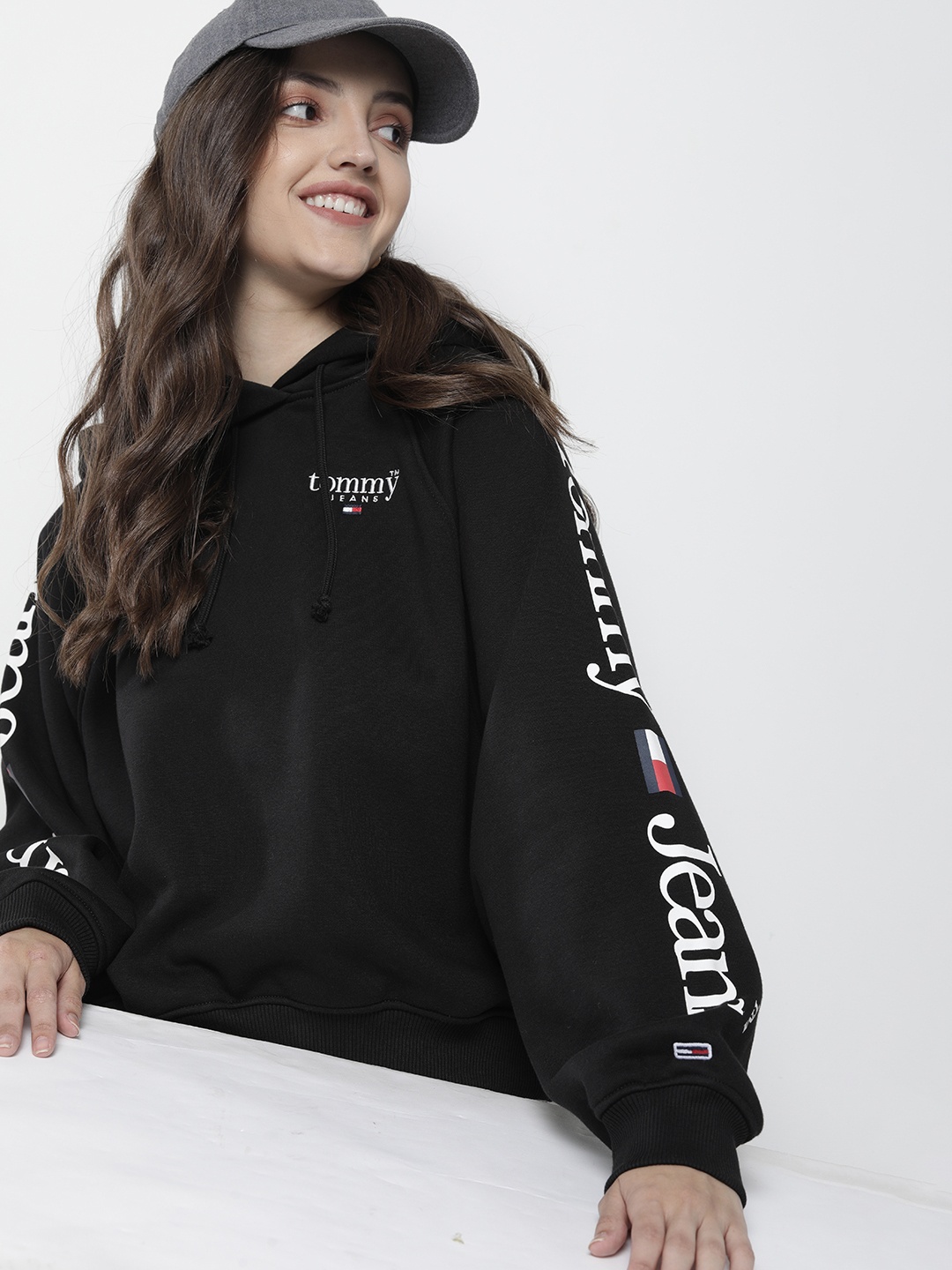 

Tommy Hilfiger Women Black Typography Printed Hooded Sweatshirt