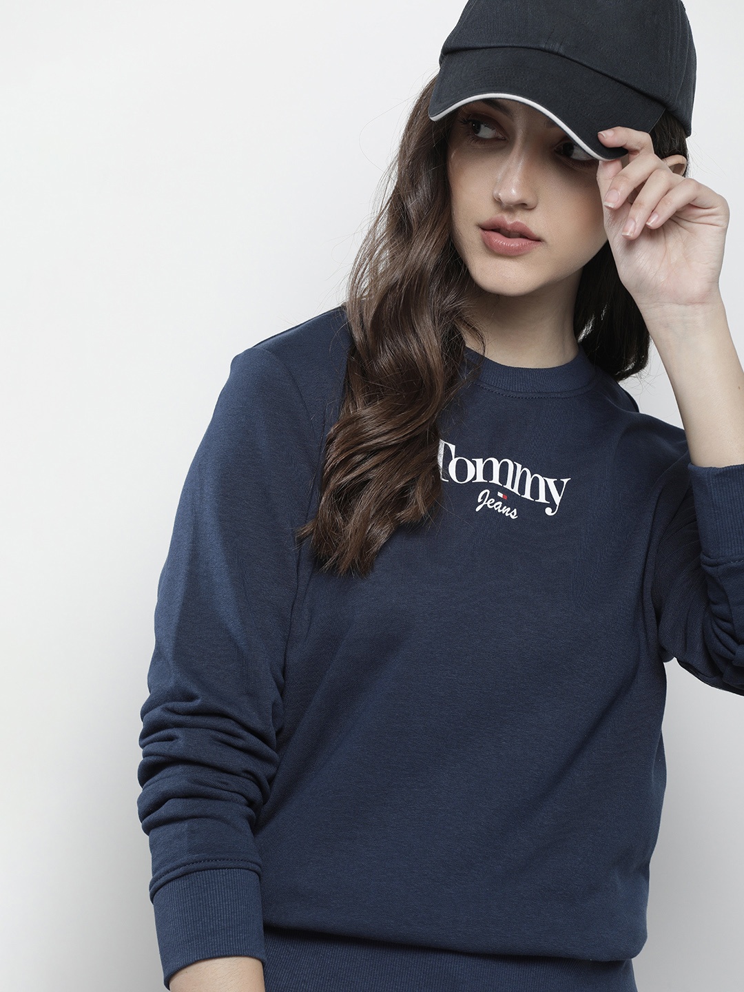 

Tommy Hilfiger Women Navy Blue Brand Logo Printed Hooded Sweatshirt