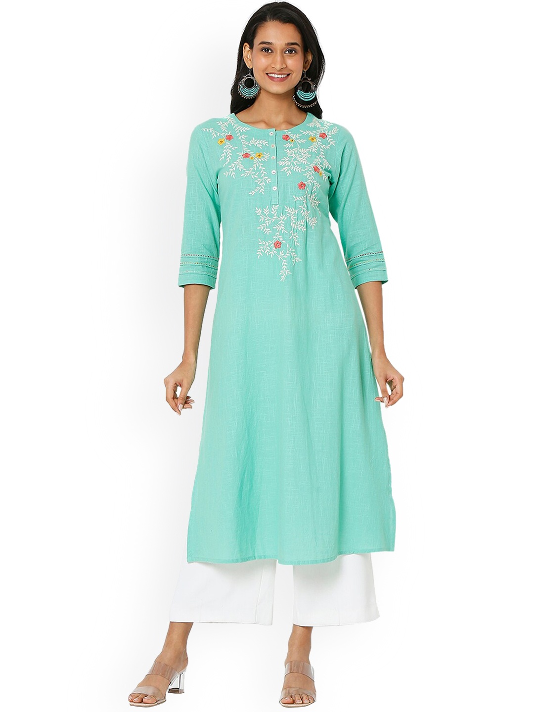 

Ethnicity Women Cream-Coloured Floral Embroidered Thread Work Organic Cotton Kurta