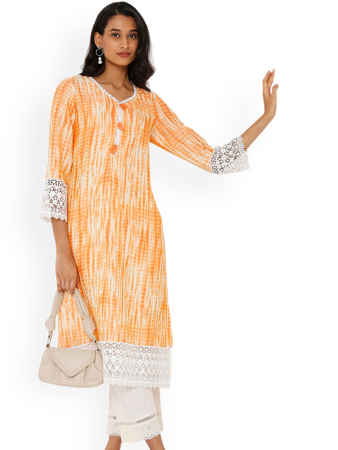 

Ethnicity Women Orange Striped Thread Work Kurta