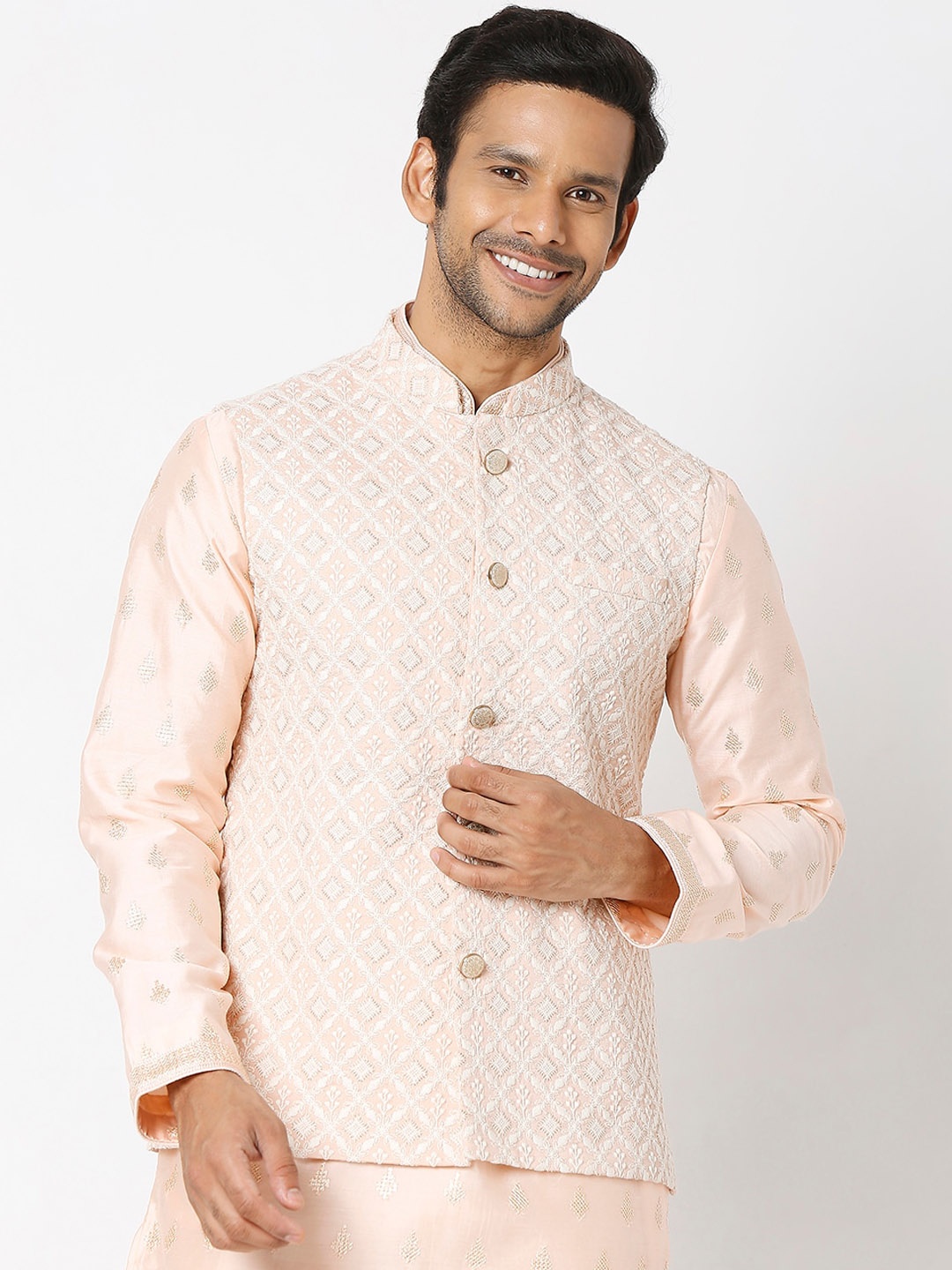 

Ethnicity Men Peach Solid Woven Nehru Jackets