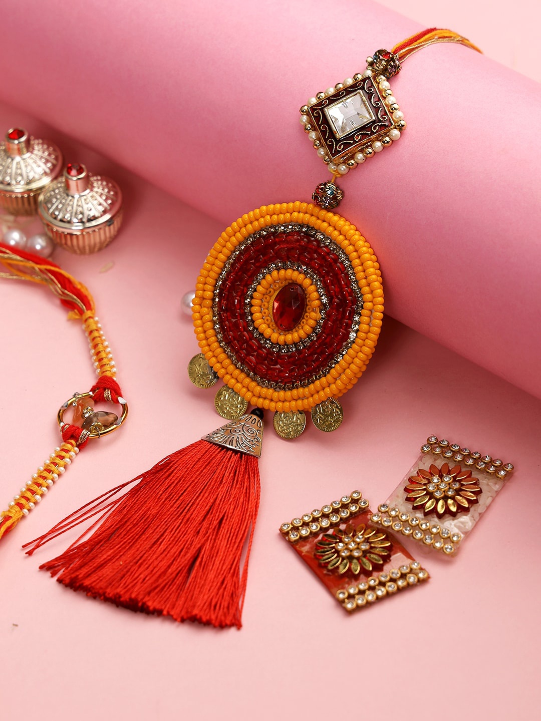

Aapno Rajasthan Gold-Toned Beaded Kundan Work Bhabiya Bhabhi Rakhi Roli Chawal Set