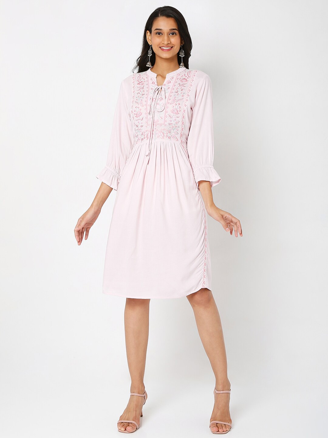 

Ethnicity Women Pink Floral Embroidered Tie-Up Neck A-Line Dress
