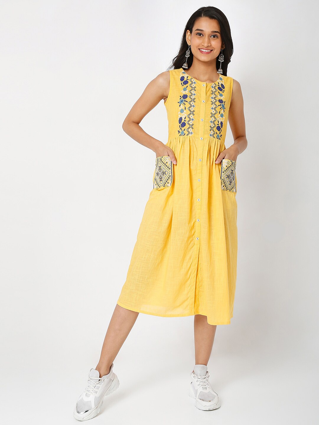 

Ethnicity Yellow Floral Embroidered A-Line Midi Dress