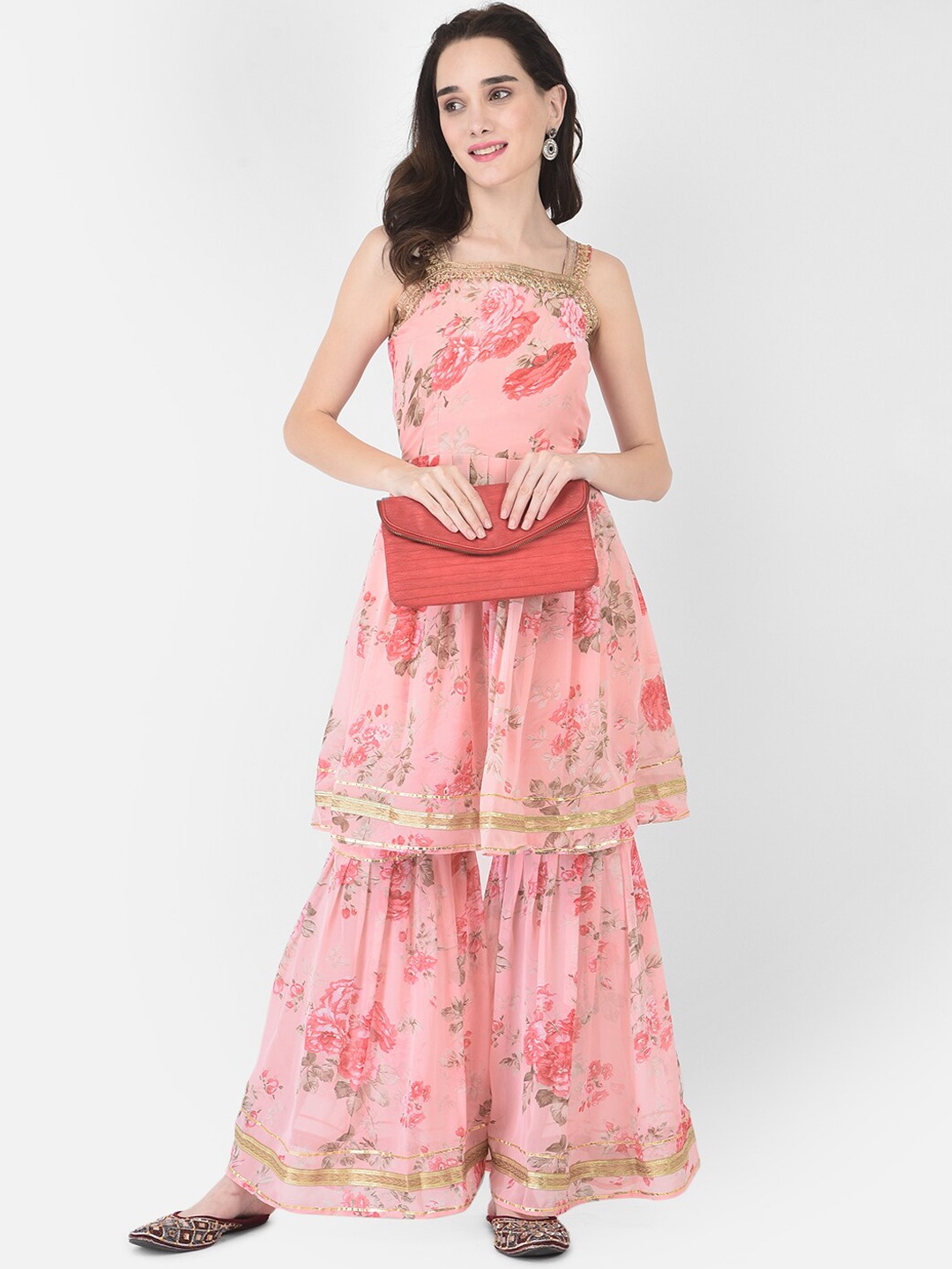 

FNOCKS Women Pink Floral Printed Pleated Lace Work Kurti with Sharara Set