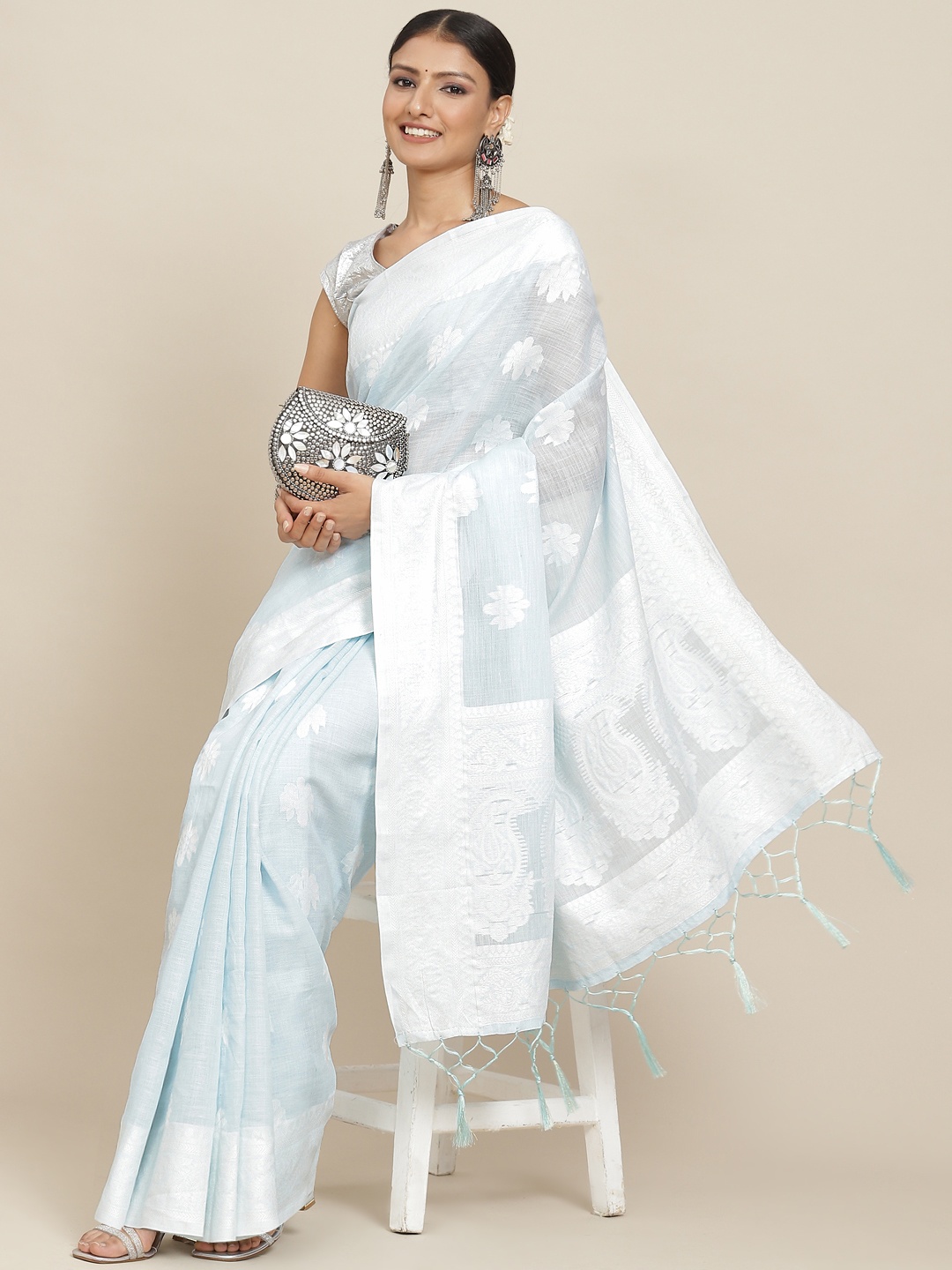 

Leeza Store Blue & White Ethnic Motifs Linen Blend Banarasi Saree