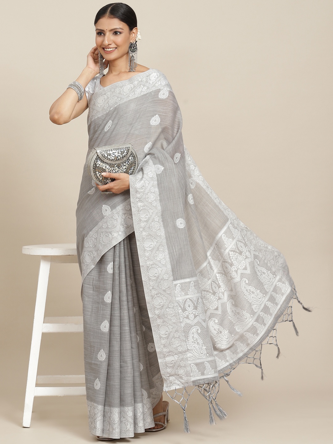 

Leeza Store Grey Ethnic Motifs Linen Blend Banarasi Saree