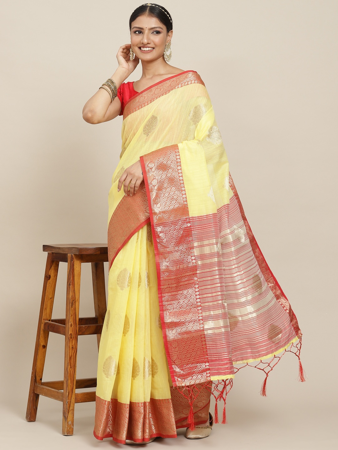 

Leeza Store Yellow & Red Ethnic Motifs Zari Banarasi Saree