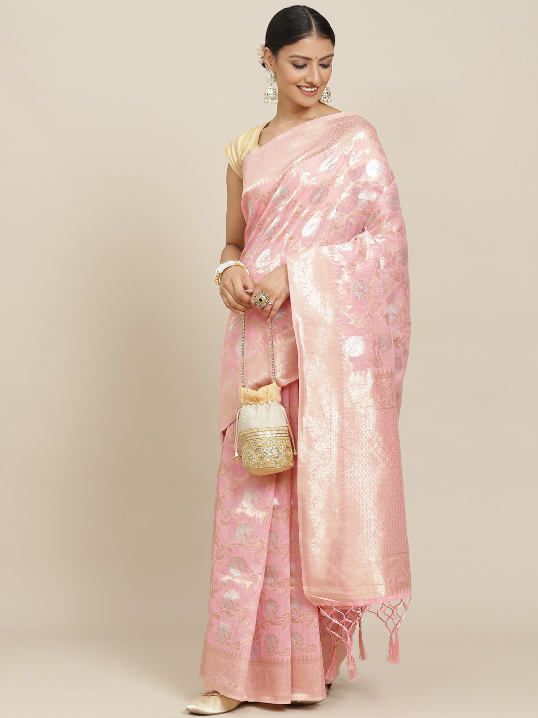 

Leeza Store Pink Woven Design Zari Linen Blend Banarasi Saree
