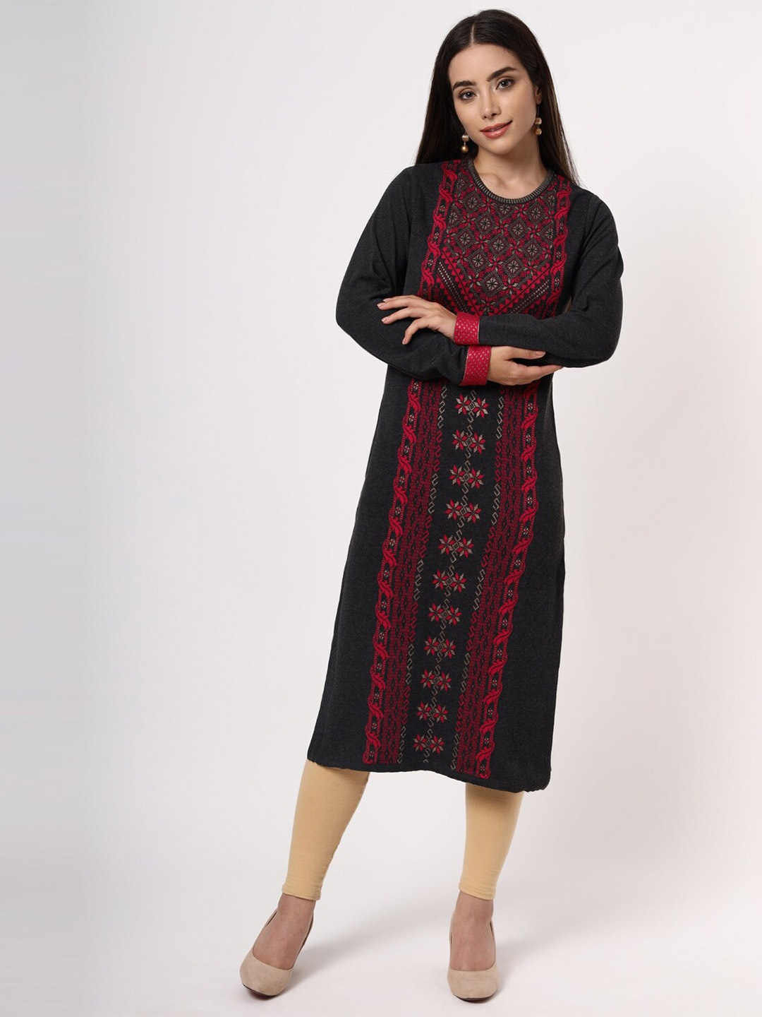 

KEIKO Women Charcoal & Red Ethnic Motifs Printed Sweater Kurta