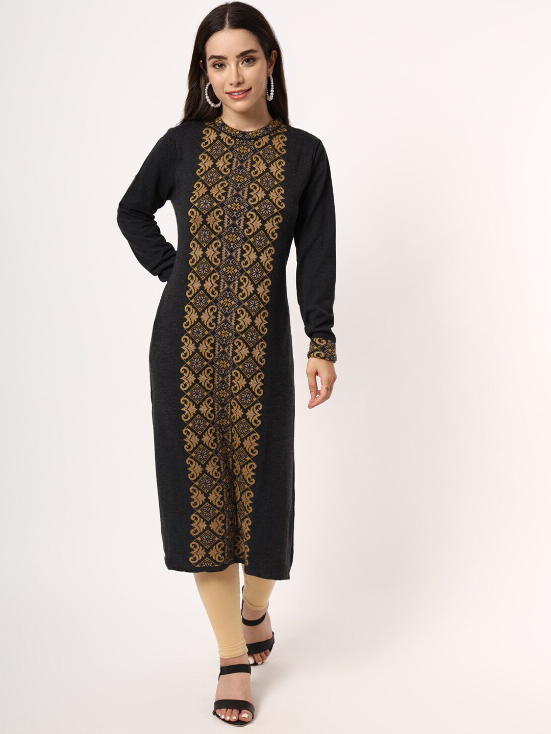 

KEIKO Women Charcoal & Yellow Ethnic Motifs Printed Kurta