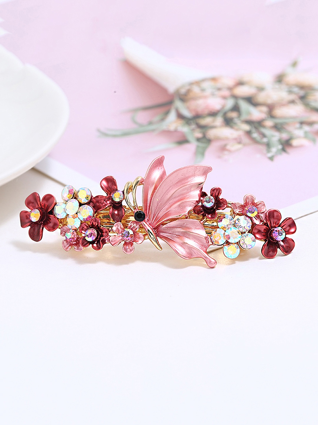 

Yellow Chimes Women Red & White Butterfly Crystal Studded French Barette