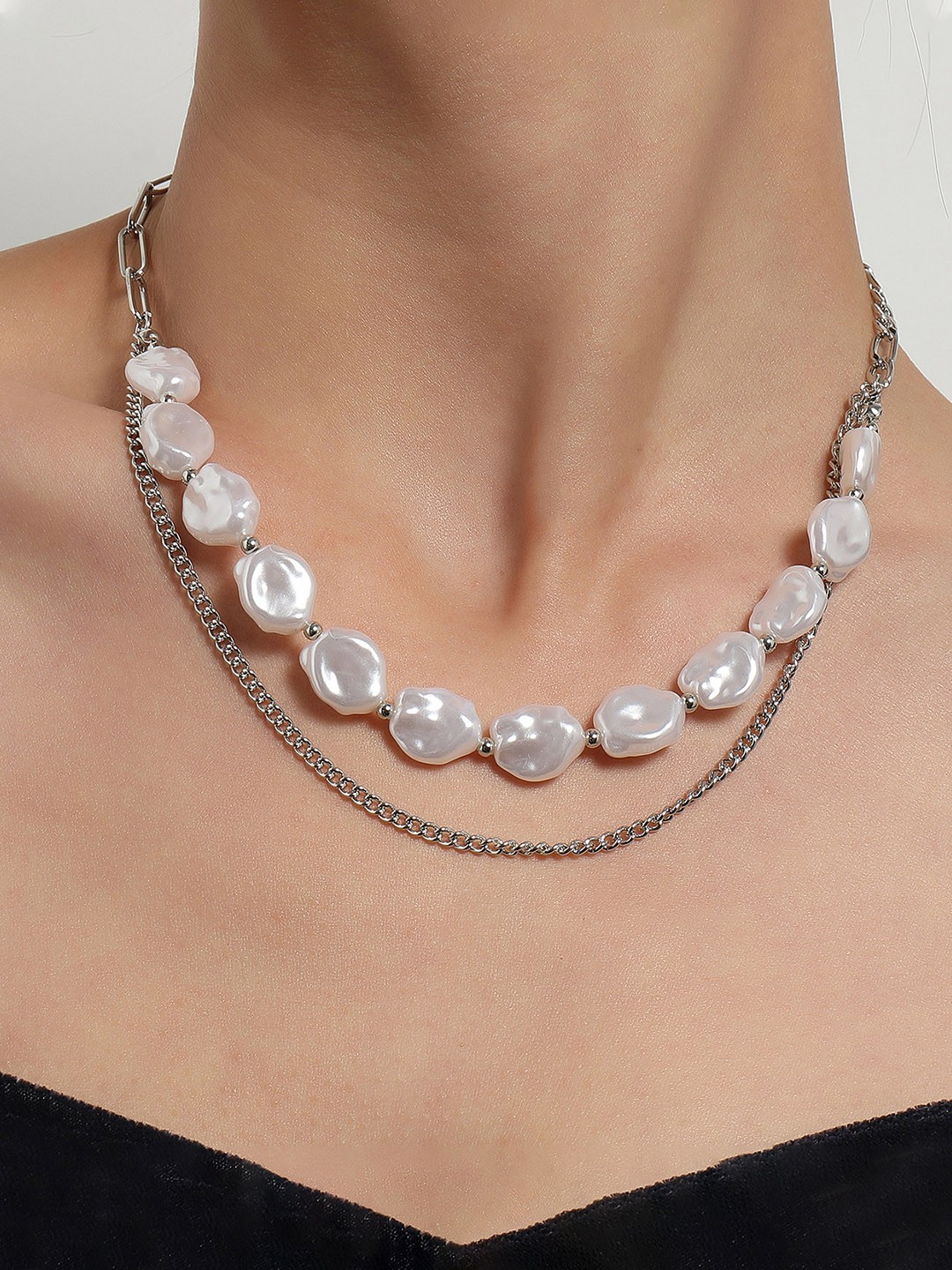 

Yellow Chimes Silver-Toned White Stone Multilayer Chain Designed Necklace