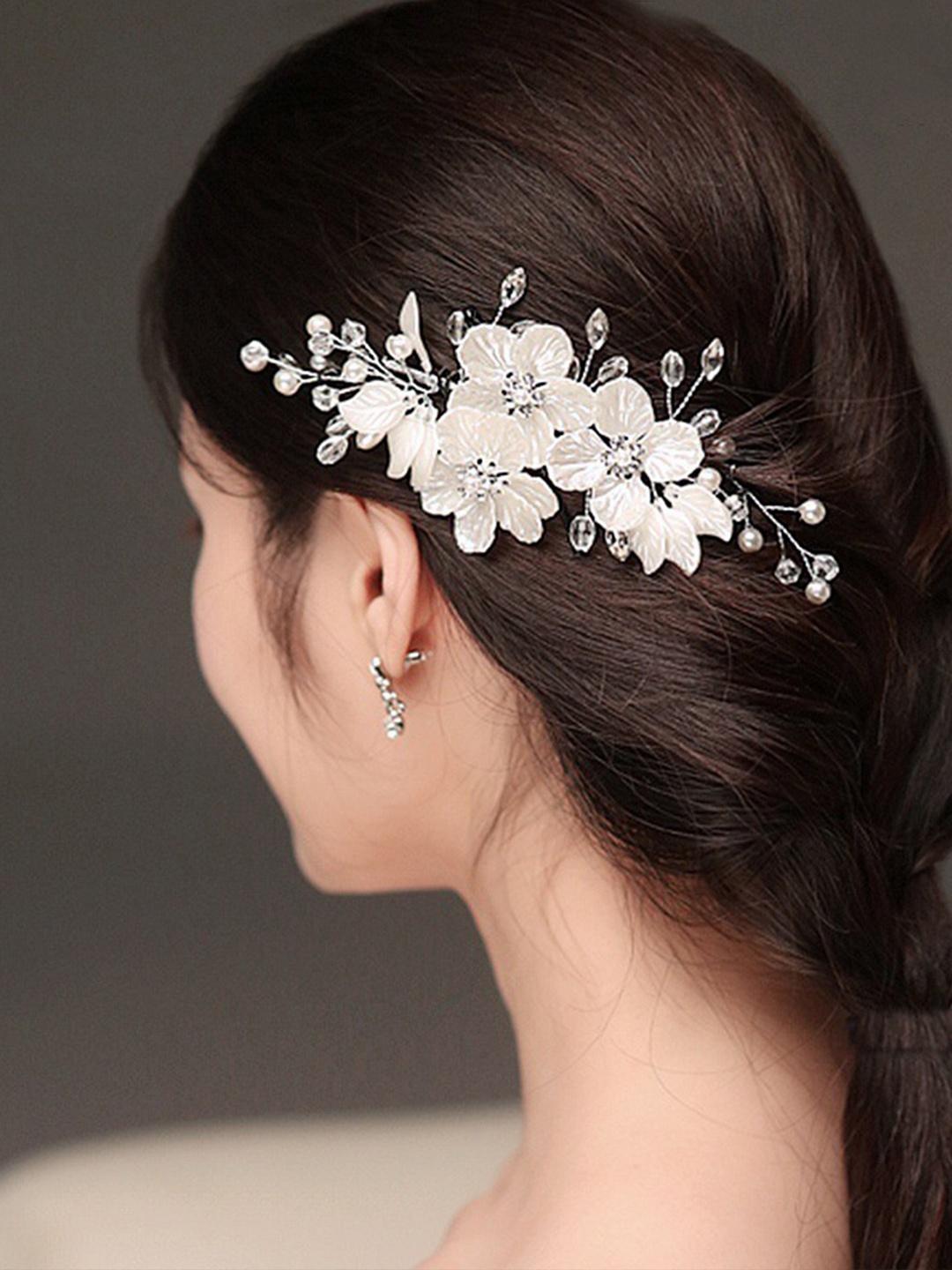 

Yellow Chimes Women White Barrette Flower Crystal Bridal Hair Accessories