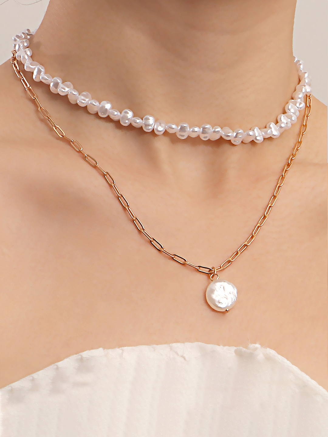 

Yellow Chimes Gold-Toned & White Pearl Studded Charm Pendant Chain