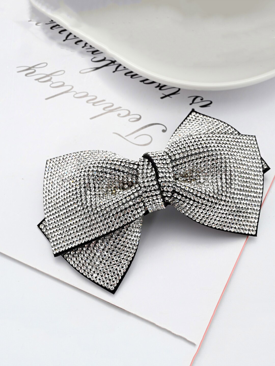 

Yellow Chimes Women White & Black Crystal Studded Bow French Barrette